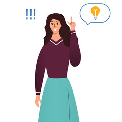Happy woman have a great idea, she found right decision. Cartoon character design, flat vector illustration.