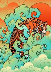 Tiger with in the cloud and sun oriental Japanese or Chinese  illustration tattoo digital painting style vector background