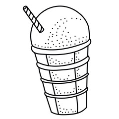 Hand drawing ice cream in a waffle cup; black and white vector illustration; tasty doodle food for stickers, posters, web design. 
