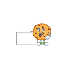 Cute funny chocolate chips cookies cartoon character having a board