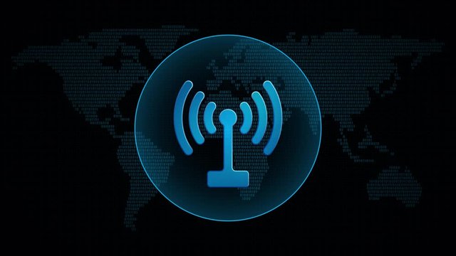 Signal icon in global map with waves. Technology wireless symbol in digital background. Loop video animation.