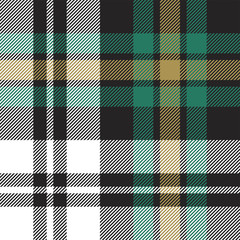Plaid pattern seamless vector background in black, emerald green, gold, white. Tartan check plaid for scarf, flannel shirt, blanket, duvet cover, or other autumn winter fashion textile design.