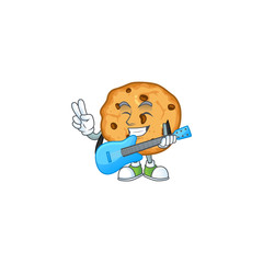 A cartoon character of chocolate chips cookies playing a guitar