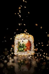 Rolgordijnen Traditional Japanese sushi on a black glossy background © Max