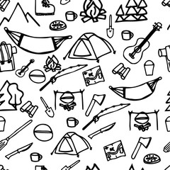 Hand drawn camping and hiking elements, isolated on white background. Cute background full of icons perfect for summer camp flyers and posters. Outlined illustration.