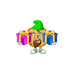 A charming chocolate chips cookies cartoon mascot style with two boxes of gifts
