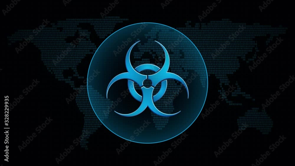 Poster virus icon in global map with waves. technology attack symbol in digital background. loop video anim