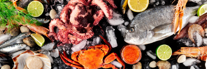 Seafood panorama, shot from above. Fish and octopus, scallop, crab, caviar. Gourmet products flat...