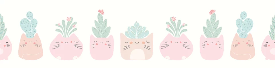 Foto op Canvas Kawaii cat plant pots with succulents seamless banner background. Cute vector border pattern design. © Anna Beatty