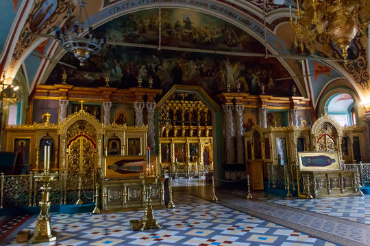 Interior of St. Sergius refectory church of Trinity Lavra of St. Sergius in Sergiev Posad, Russia