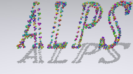 ALPS written in 3D illustration by colorful small objects casting shadow on a white background