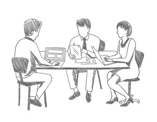 Office people sketch. Working at the table. Business team. Company group. Brainstorm. With laptop. Hatched drawing picture. Gray pencil. Hand drawn vector.