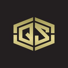 QS Logo monogram with hexagon shape and piece line rounded design tamplate on gold colors