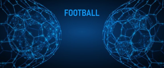 Soccer ball in the goal net. Sports equipment. Low-poly 3D vector illustration.