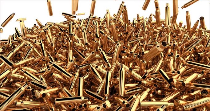 Bullet shell pile, Isolated white background. Rifle target. Military background. 3d shot on white background. 4k