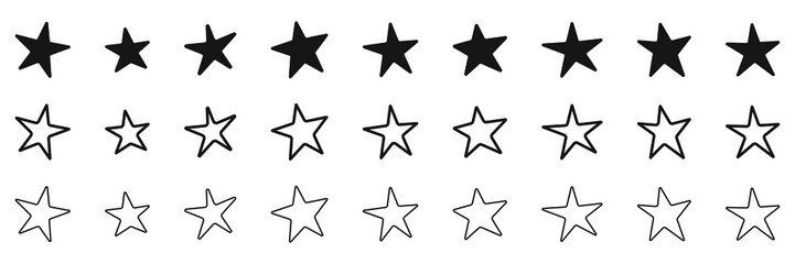 Hand drawn star icons set, various five pointed black outlined stars, vector illustration.