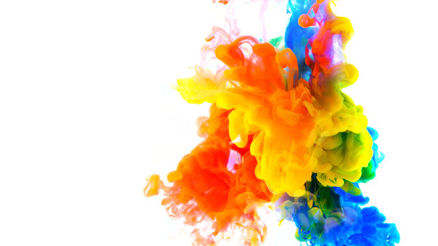 Color drops in water , abstract color mix , drop of Ink color mix paint falling on water Colorful ink in water,