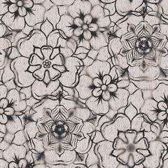 Seaumless neutral worn faded western white denim jean texture with tudor rose floral pattern overlay. Intricate mottled grungy seamless repeat raster jpg pattern swatch. - obrazy, fototapety, plakaty