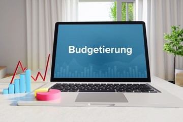 Budgetierung – Business/Statistik. Laptop im Büro mit Begriff auf dem Monitor. Finanzen, Wirtschaft, Analyse - obrazy, fototapety, plakaty