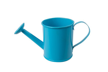 Blue watering can with handle on white on isolated background