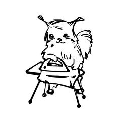 Squirrel ironing clothes. Vector illustration in line art style. Hand drawn. On white background.