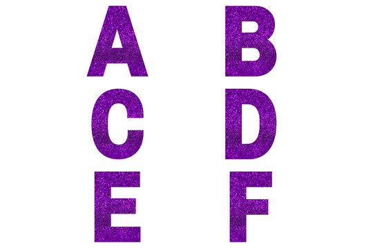 Violet font Alphabet a, b, c, d, e, f made of violet sparkle background. Festive alphabet.