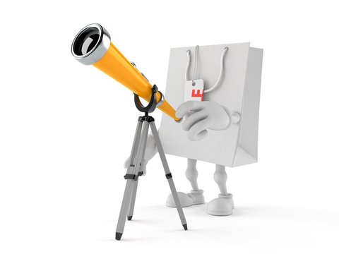 Shopping bag character looking through a telescope