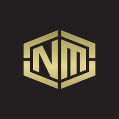 NM Logo monogram with hexagon shape and piece line rounded design tamplate on gold colors