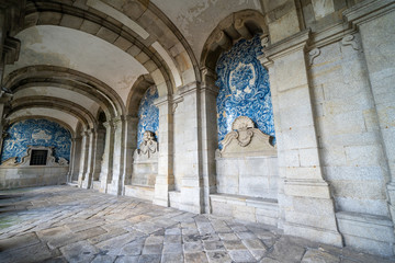 Porto, Portugal - The Porto Se Cathedral interior with arches and blue tiles