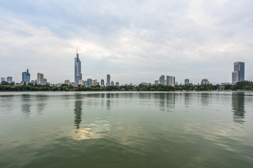 Fototapeta na wymiar modern nanjing city skyline with the beautiful lake