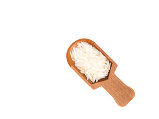 Indian long grain Basmati rice in wooden scoop isolated on white
