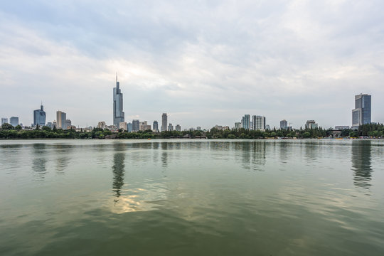 Modern Nanjing City Skyline With The Beautiful Lake