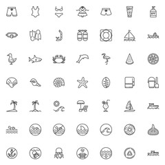 Summer beach line icons set. linear style symbols collection, outline signs pack. vector graphics. Set includes icons as swimsuit, beach shorts, seashell, starfish, palm tree, sea, sun, swimming man