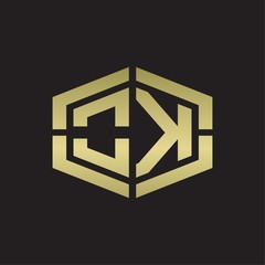 OK Logo monogram with hexagon shape and piece line rounded design tamplate on gold colors