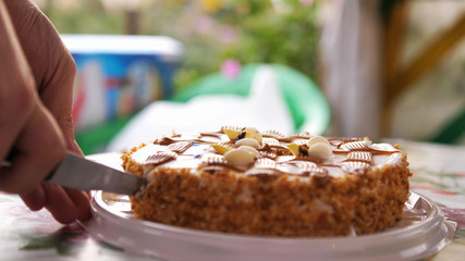 Male hand cutting birthday cake with knife. Birthday party dessert