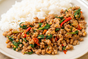 Stir fried Thai basil with minced pork on topped rice