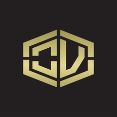 OV Logo monogram with hexagon shape and piece line rounded design tamplate on gold colors
