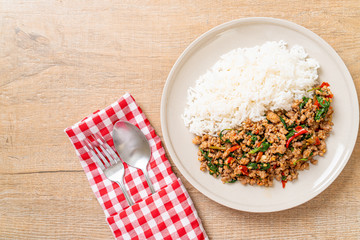 Stir fried Thai basil with minced pork on topped rice
