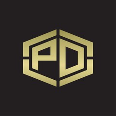 PD Logo monogram with hexagon shape and piece line rounded design tamplate on gold colors