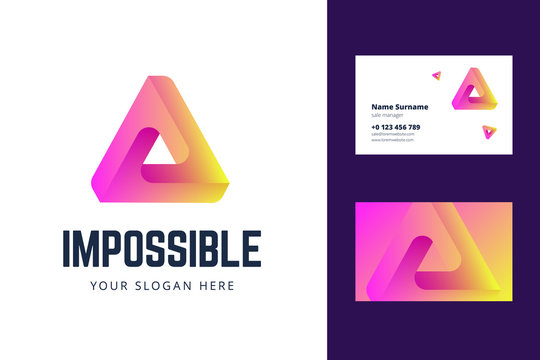 Logo and business card template with an impossible triangle sign. Vector illustration in modern gradient style.