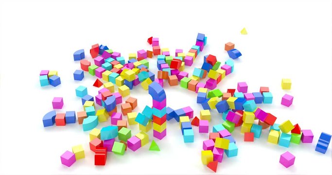 Toy town colored cubes in 3d style on red background. Blue, green, yellow color. City background. 4k