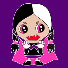 emoticon with vampire girl with scary eyes approaching your neck to bite with his fangs and drink some fresh blood, simple colored clip art, chibi vector emoji in color