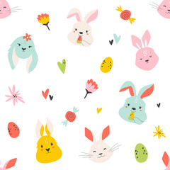 Easter seamless pattern with cute smiling rabbits
