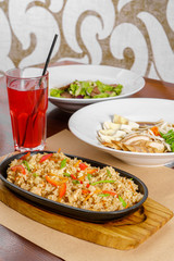 Three-course lunch, salad, soup, meat