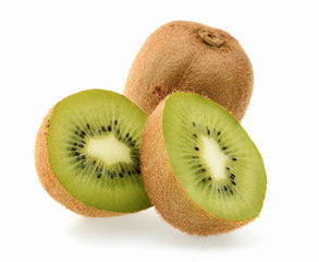 kiwi ripe fruits cutted into half closed up isolated on white