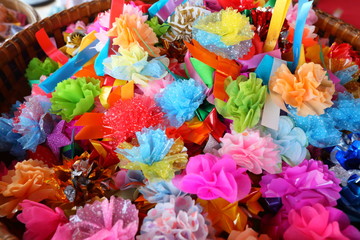 Ribbons of various colors and designs that make up items to be scattered to attendees Which will occur at the monks in Thailand