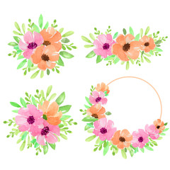 Invitation. Wedding or birthday card. Floral frame. Set of watercolor bouquets with pink and orange flowers, leaves. Vector illustration isolated on white background.