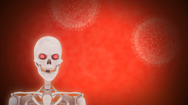 skeleton representing the danger of death, raises the dangerous corona virus with one hand, Covid 19, 3D rendering