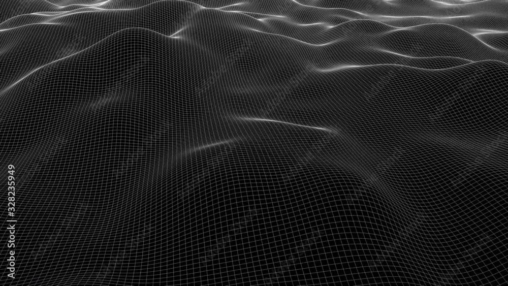 Poster computer generated a wireframe wave. 3d rendering of a luminous fine mesh. futuristic backdrop