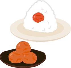 皿に盛った梅干しと梅干しおにぎり